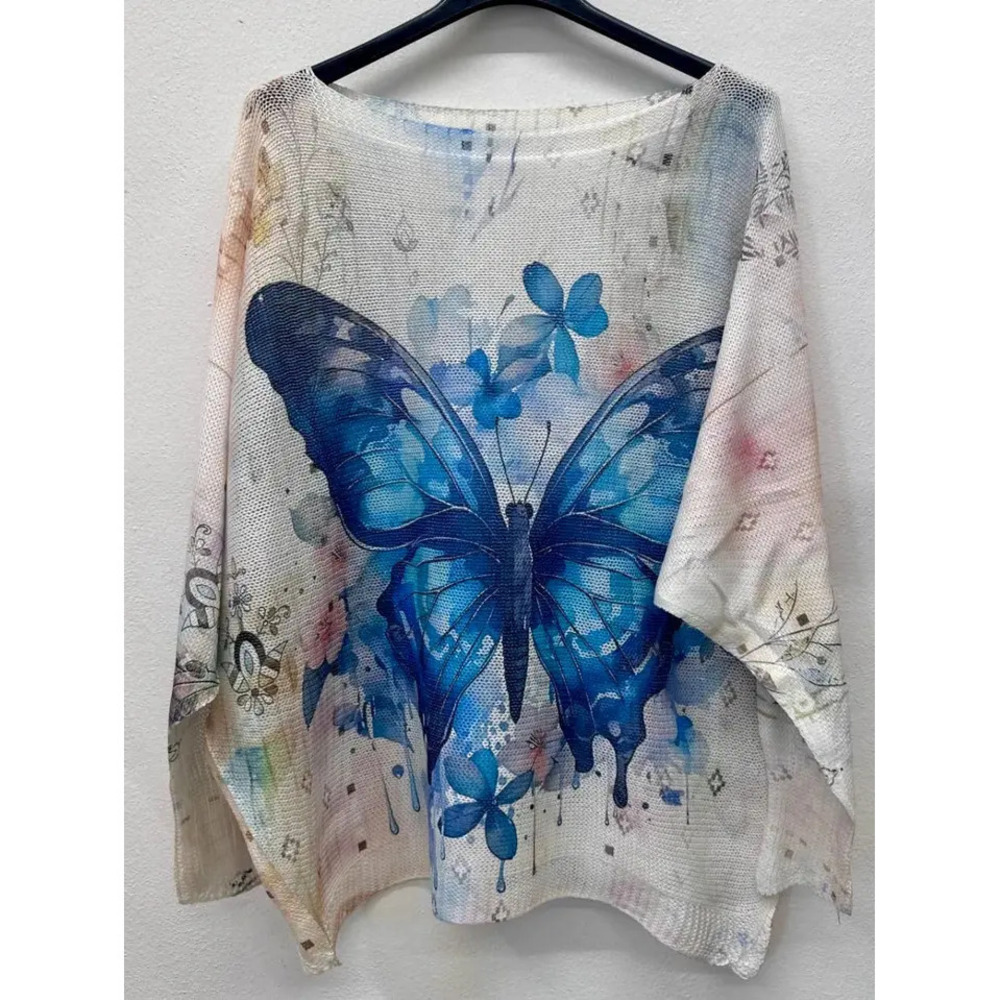 L58 Loowie Blue Butterfly Round Knit Printed Sweater One Size